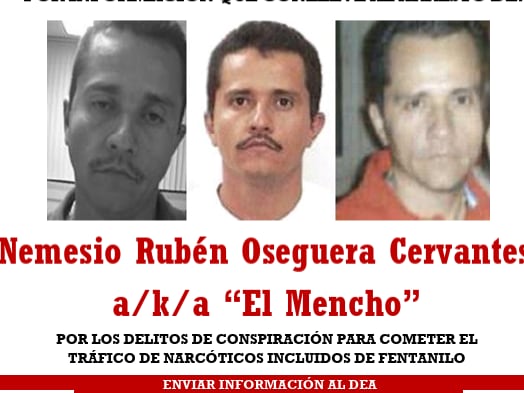 Las autoridades estadounidenses ofrecen una recompensa de $15 millones por información que permita la captura de Nemesio Rubén Oseguera Cervantes, conocido como "El Mencho". Se le acusa de delitos de conspiración para cometer tráfico de narcóticos, incluidos de fentanilo.
