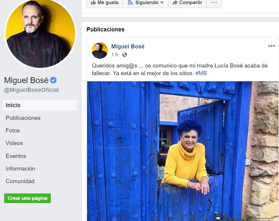 Miguel Bosé confirmó que su mamá, doña Lucía, falleció ese 23 de marzo del 2020