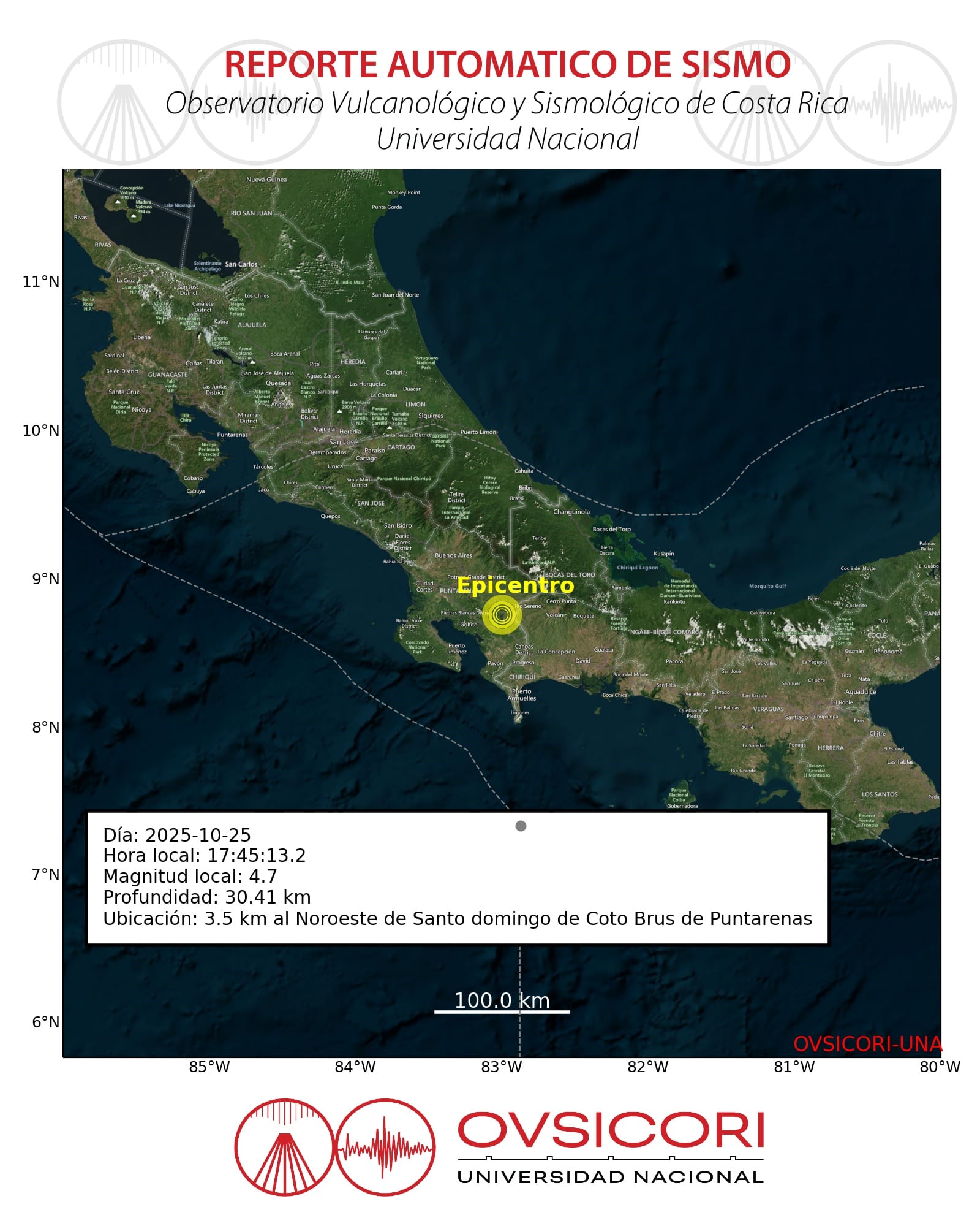 Ovsicori confirmó que este sábado 25 de octubre se registró otro temblor, esta vez con epicentro en Coto Brus.