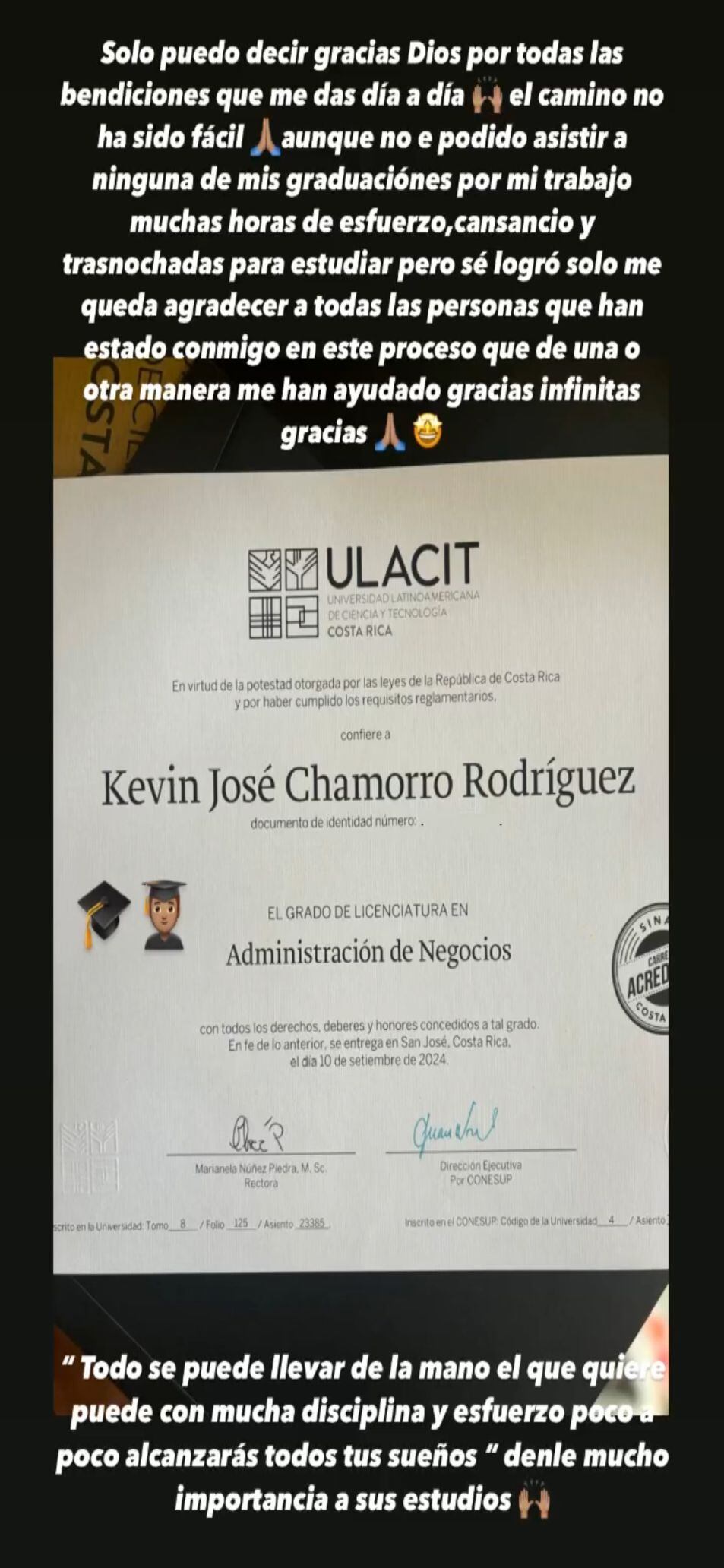 Kevin Chamorro mostró feliz de la vida su nuevo logro personal. Foto: Instagram.