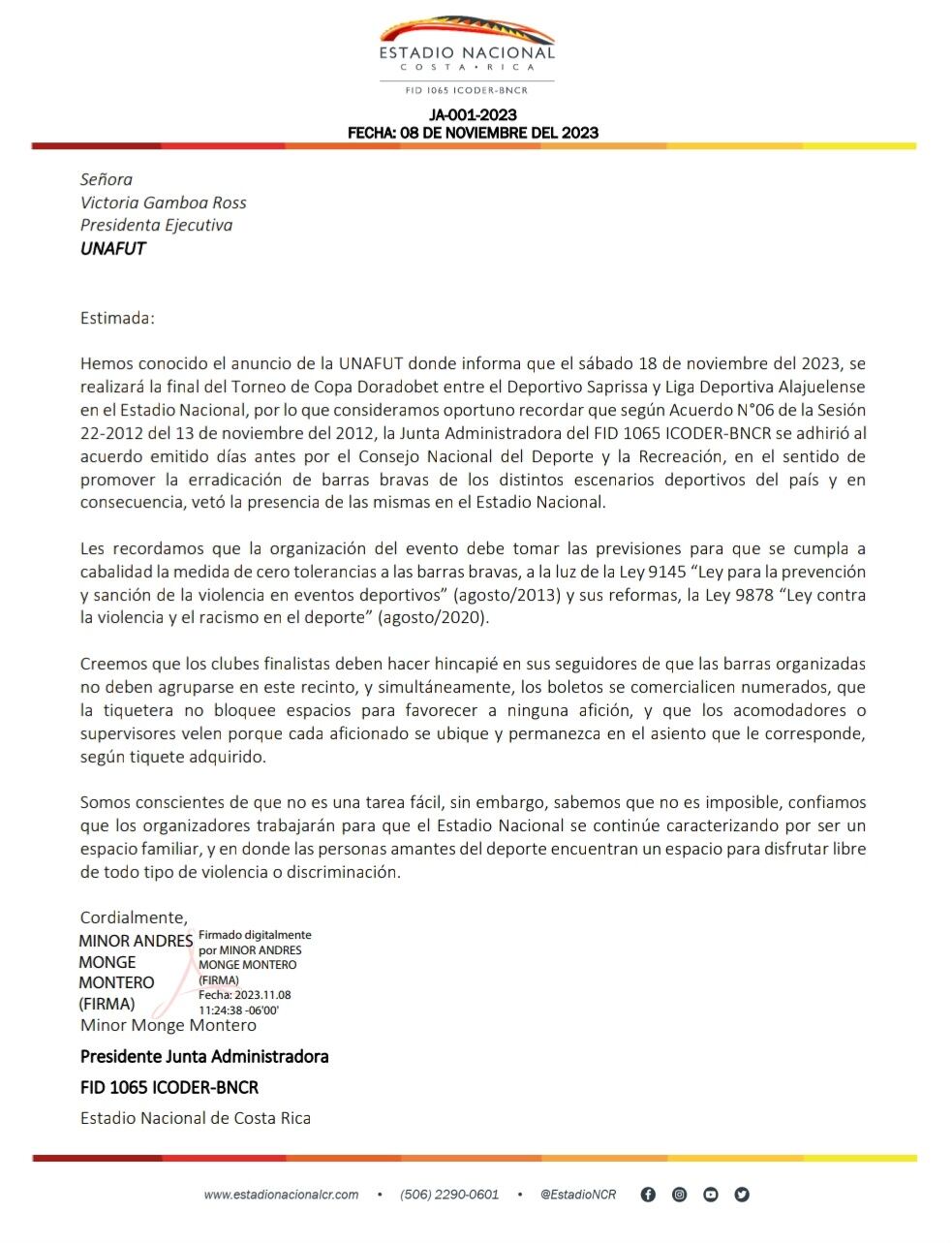 Comunicado Estadio Nacional sobre las barras en la final del Torneo de Copa.