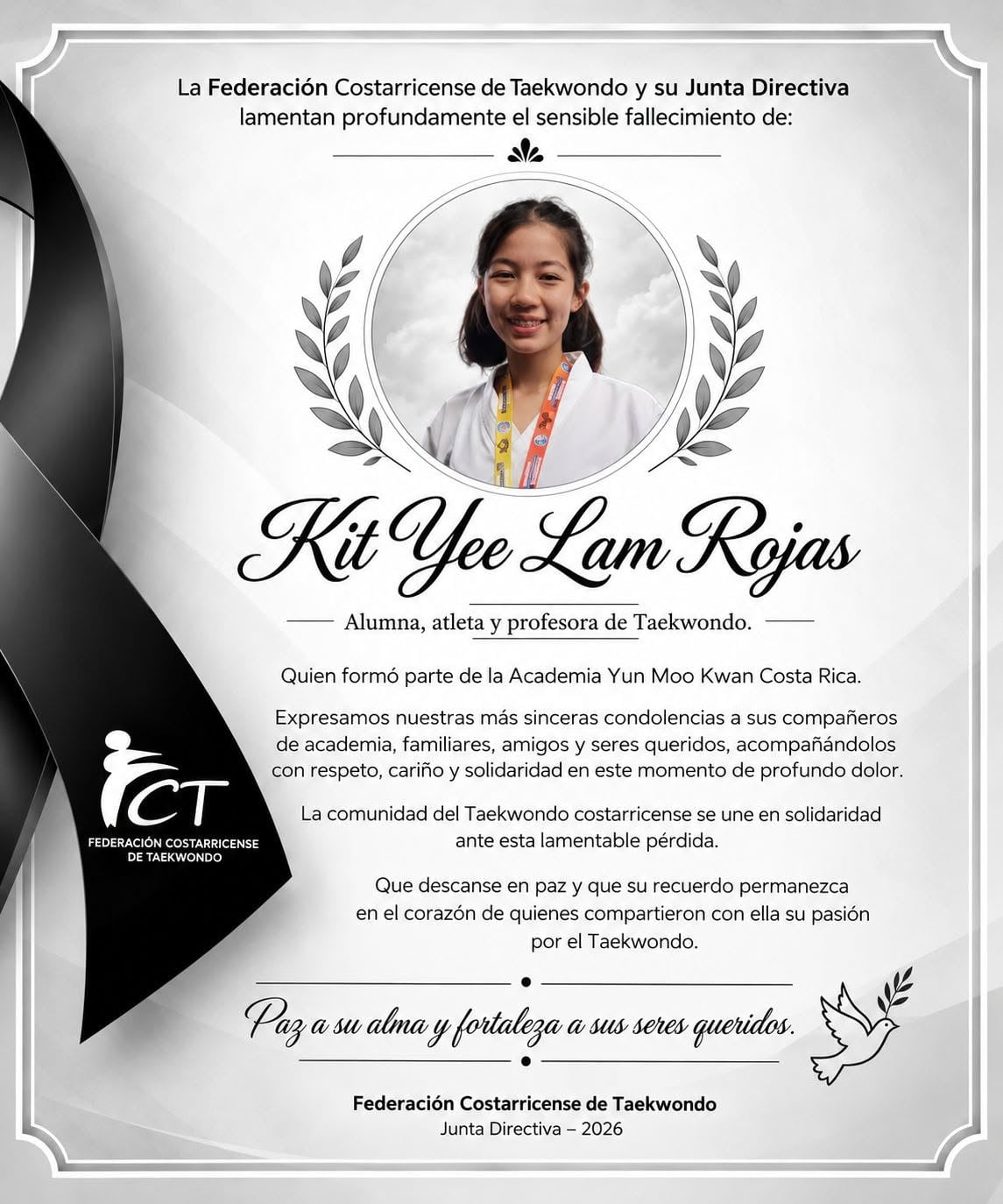 Esta es la esquela que difundió la Federación Costarricense de Taekwondo por la muerte de Kit Yee Lam Rojas.