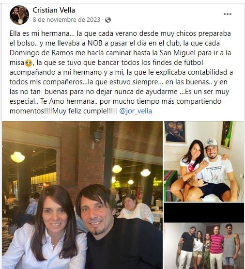 Cristian Vella comentó que su hermana Jorgelina ha sido vital en su carrera. Foto: Captura de Facebook