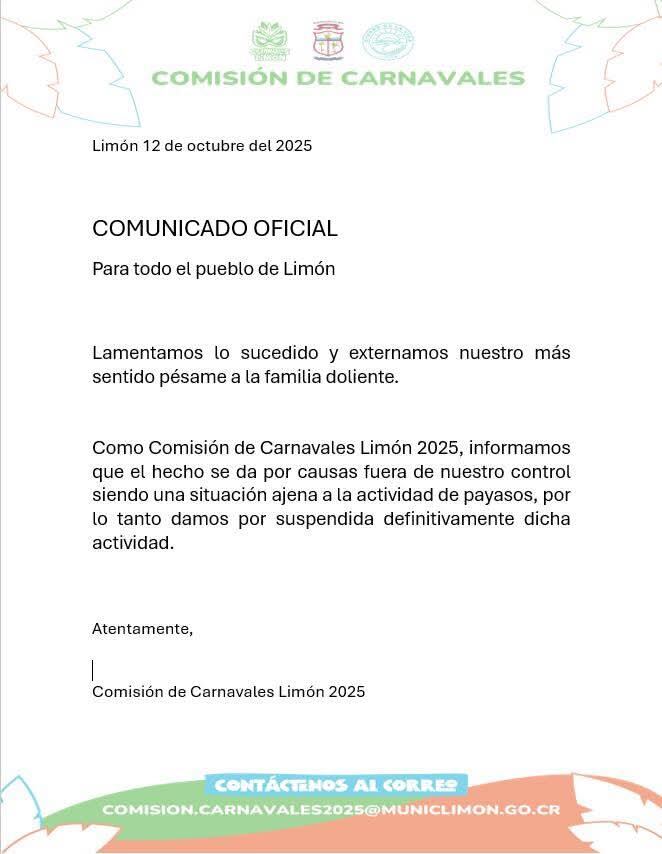 La Comisión de Carnavales Limón 2025 suspendió las actividades tras el incidente.