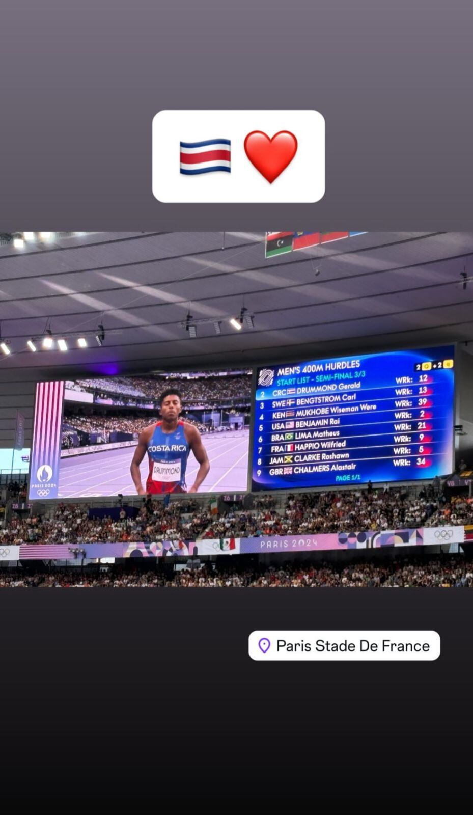 Rodolfo Villalobos siguió de cerca la participación de Gerald Drummond en París. Foto: Instagram.