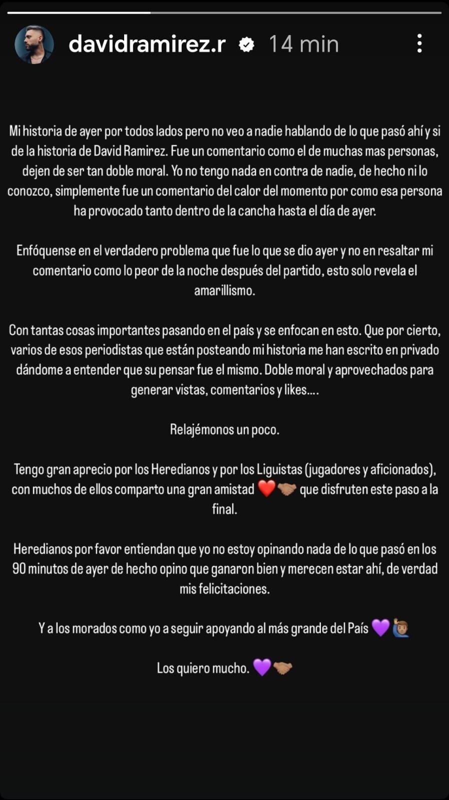 David Ramírez hizo un comentario, luego de publicar la historia en donde se alegró por el manazo que Esteban Alvarado le dio a Fernán Faerron. Captura de pantalla.