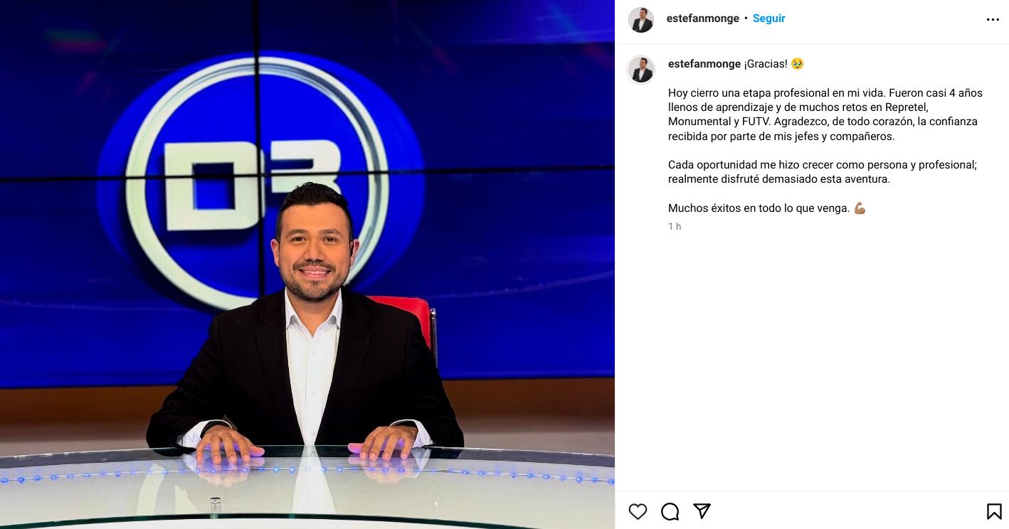 El periodista deportivo Estefan Monge confirmó su salida de canal 6 a través de una publicación que hizo en Instagram y que tituló con un “gracias”.