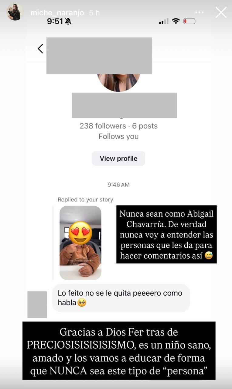 La experiodista de Teletica, Michelle Naranjo, fue atacada con un comentario bastante cruel que una seguidora dirigió a su hijito, quien en setiembre cumplirá apenas 2 añitos.