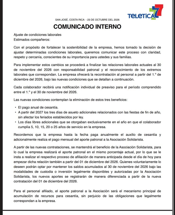Televisora de Costa Rica envió este comunicado a sus colaboradores con sus nuevas reglas a partir del 1 de diciembre de 2026.