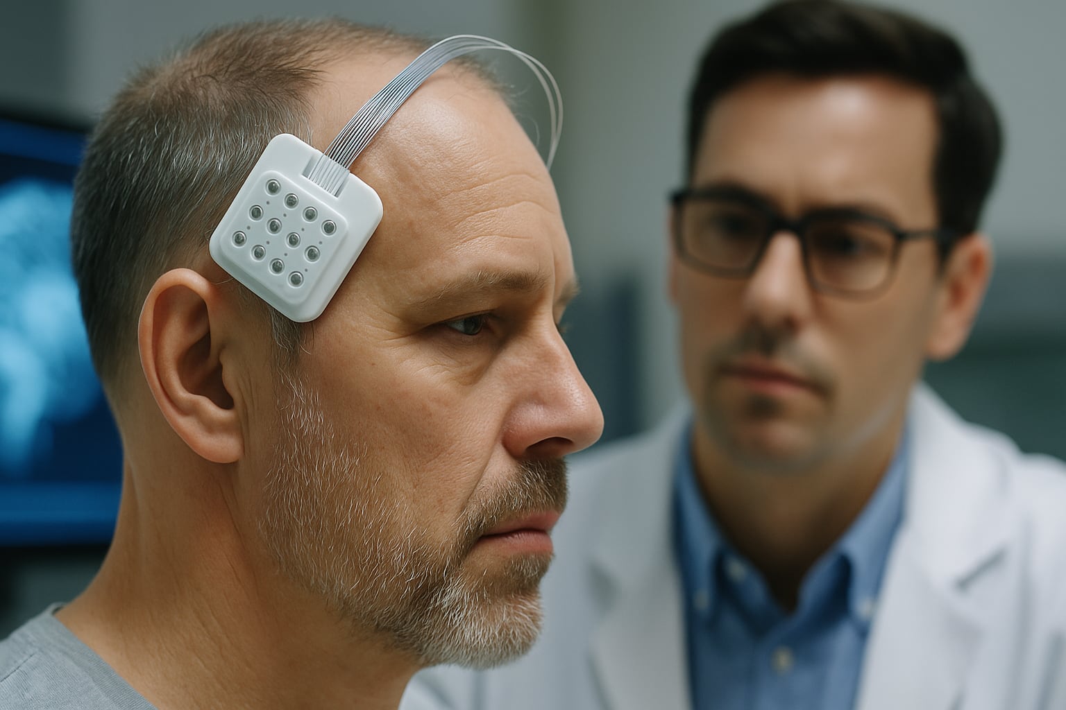 Primer plano de un hombre (paciente/sujeto de estudio) con un pequeño dispositivo de neurotecnología conectado a su cabeza, con un médico observando en segundo plano y una pantalla con datos cerebrales. Ilustra los avances en neuroprótesis.