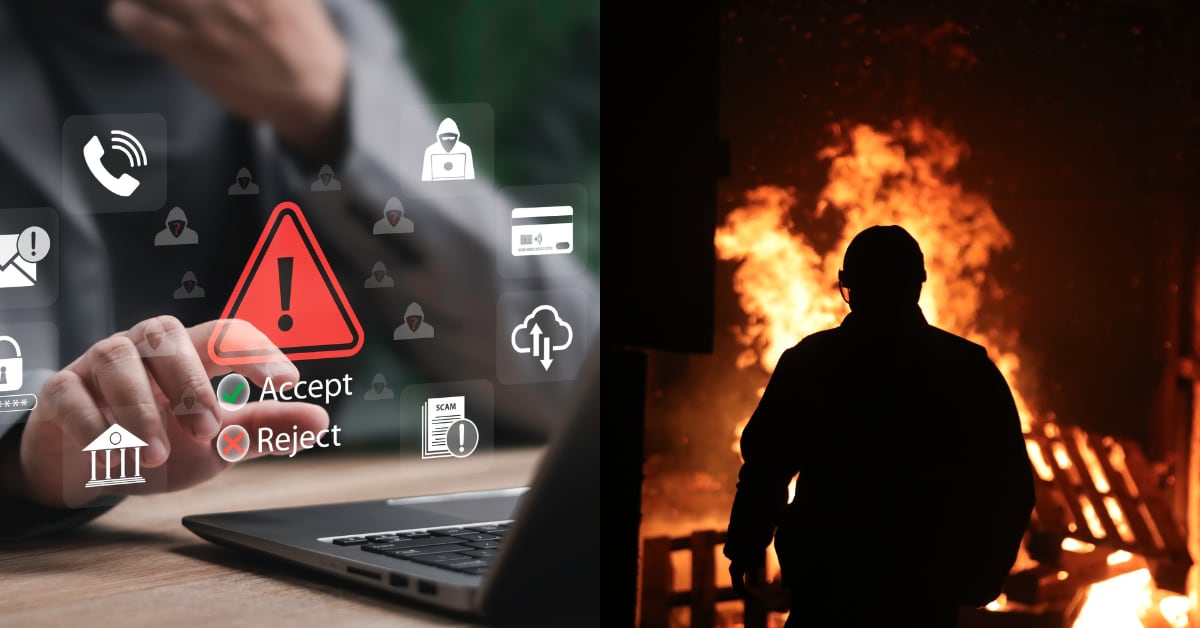 Ilustración de un ciberataque con íconos de alerta sobre una computadora junto a la silueta de una persona frente a un incendio, representación de los principales riesgos que enfrentan las empresas.