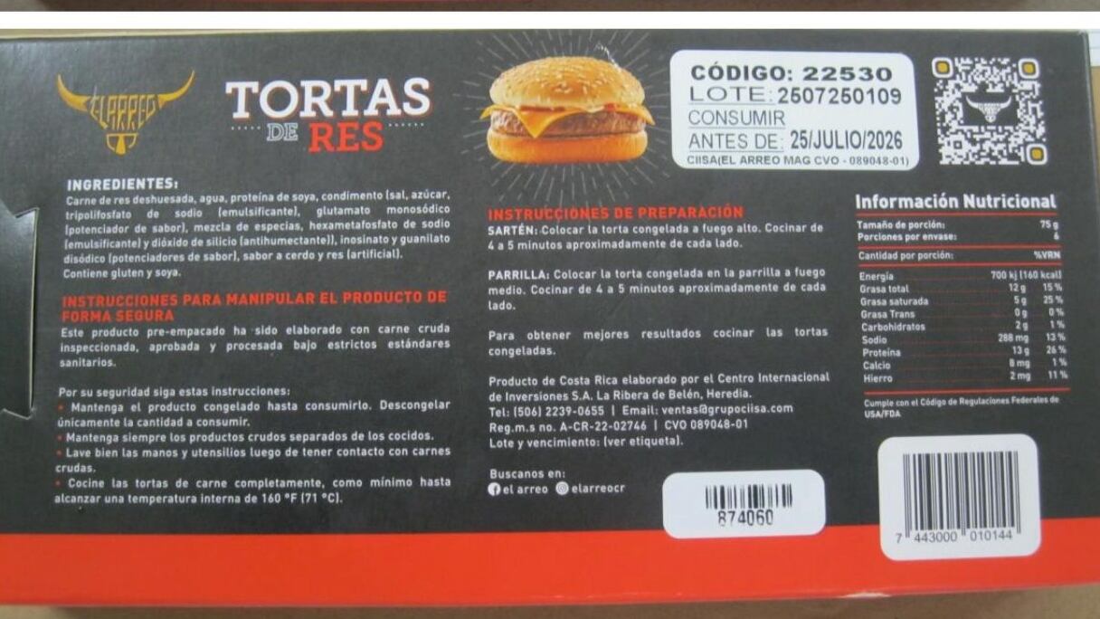 El Ministerio de Salud, a través de la Dirección de Regulación de Productos de Interés Sanitario, alerta a la población sobre la detección de Salmonella spp en el producto Tortas de Res, marca El Arreo, correspondiente al lote 2507250109, con registro sanitario A-CR22-02746.