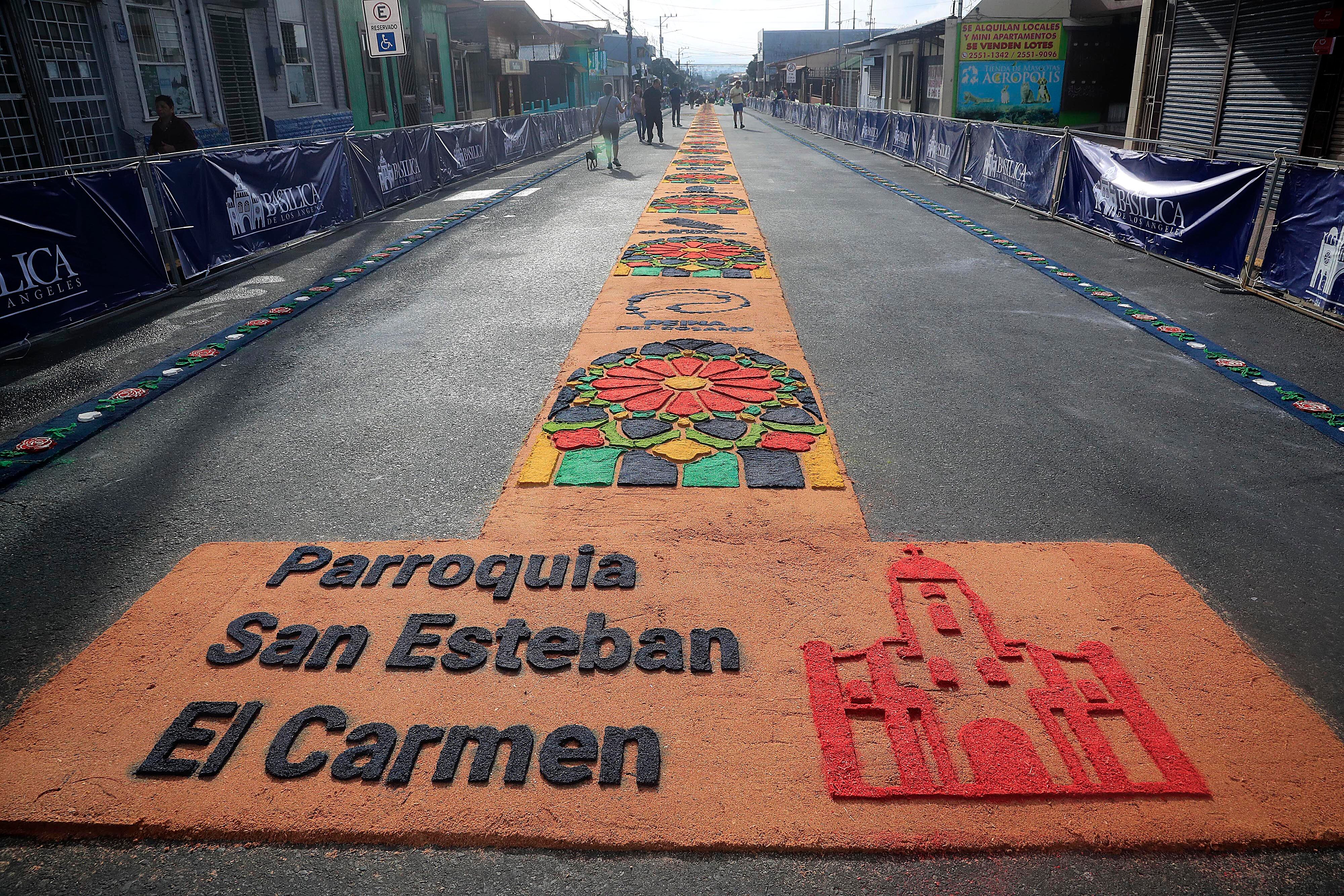 03/09/2023      Cartago. Desde la media noche, decenas de personas de diferentes comunidades de la provincia empezaron a elaborar las coloridas y espectaculares alfombras para formar una sola de poco más de kilómetro y medio, por donde transitó la imagen de la Virgen de los Angeles en su retorno a la Basílica. Aserrín y broza del café coloreados, cal y flores, especialmente rosas, entre otros, dieron forma al manto multicolor para dirigir los pasos de quienes acompañaron a La Negrita en la tradicional Pasada de regreso al Santuario Nacional tras permanecer un mes exacto en la Catedral de Nuestra Señora del Carmen.