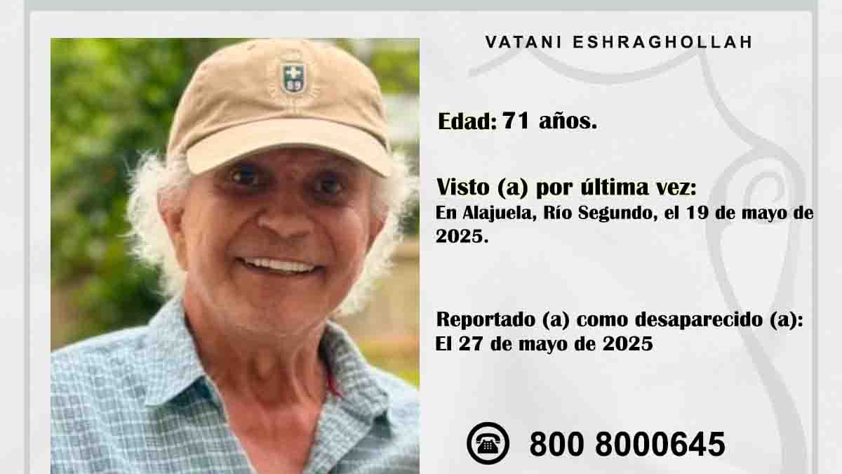 Vatani Eshraghollah fue visto por última vez en Río Segundo de Alajuela, el lunes 19 de mayo del 2025. Foto: OIJ