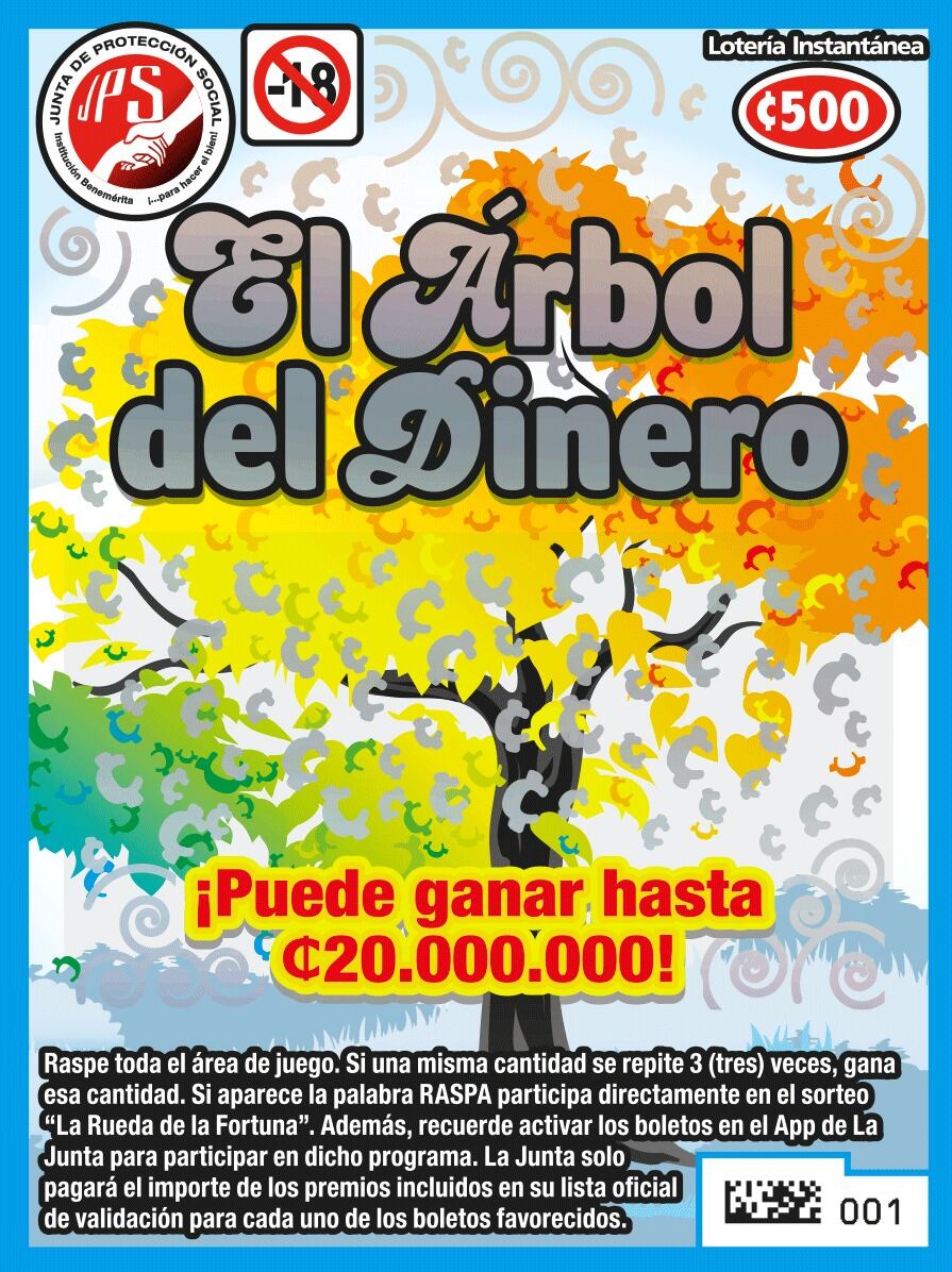 La Junta de Protección Social (JPS) ha confirmado que en cualquier parte del país se pueden comprar estas recién llegadas Loterías Instantáneas: Cereza de la Suerte y Árbol del Dinero. Ese es el nombre de las nuevas raspaditas que tienen como premio mayor, cada una, 20 millones de colones.