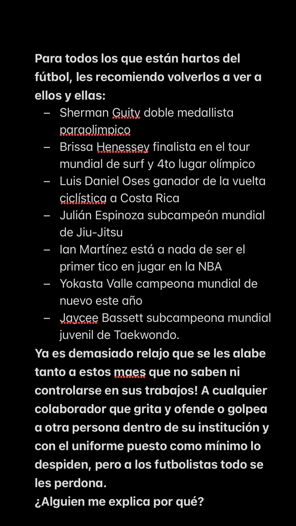 En una historia que publicó en Instagram este sábado, Alejandro Coto desaprobó los pleitos que protagonizaron jugadores y aficionados en el Morera Soto y criticó a los clubes de fútbol por las medidas que toman tras esas conductas.