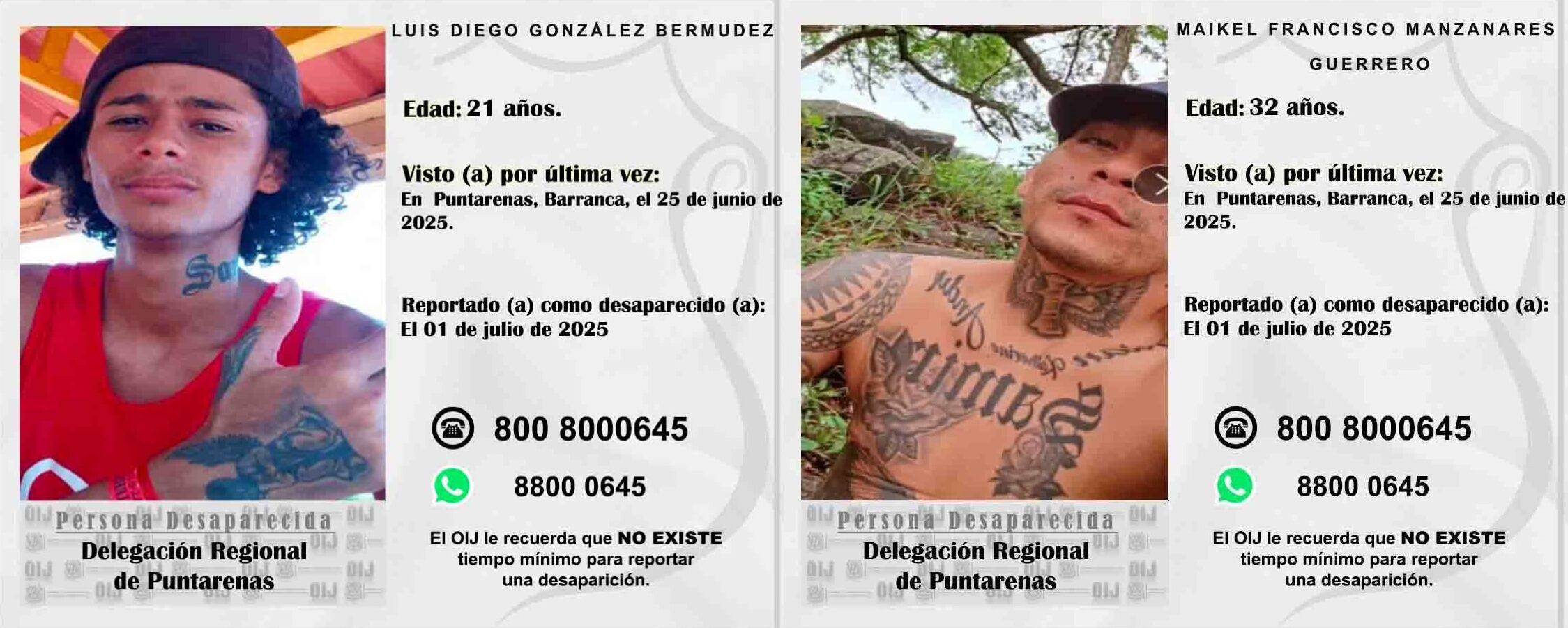 Luis Diego González y Maikel Manzanares están desaparecidos desde el 25 de junio pasado.