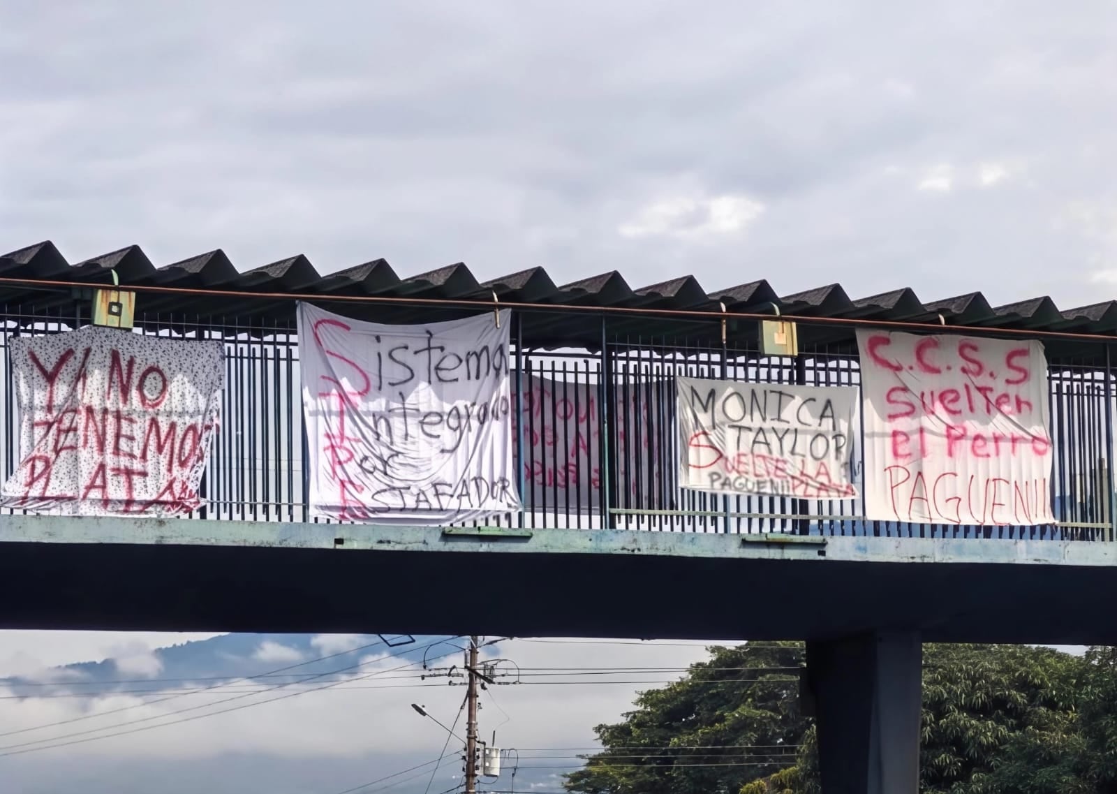 Parte de las mantas que se observan en un costado del puente peatonal frente al Hospital México. Foto: cortesía Sergio Jiménez SINAE Afines.