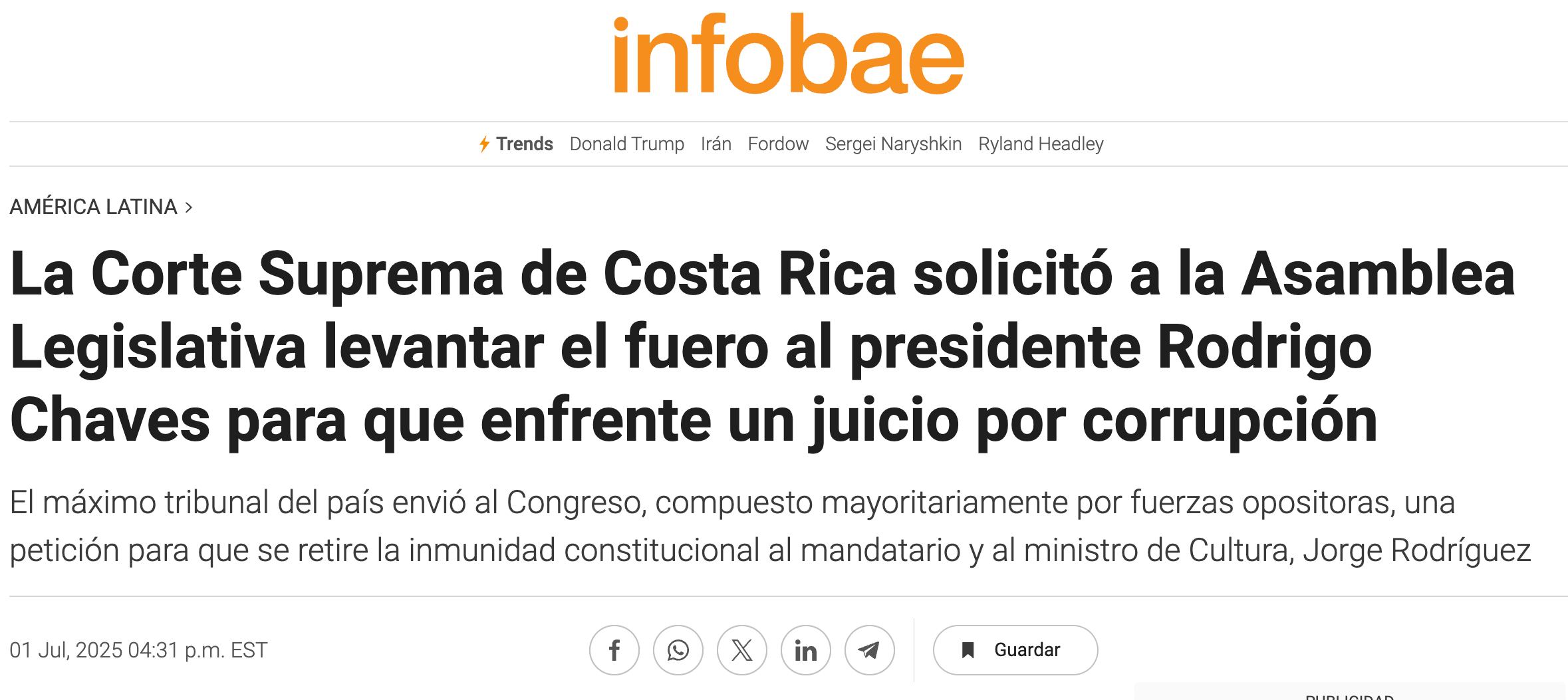 Infobae llegó a miles con su noticia sobre la posible perdida de la inmunidad de Rodrigo Chaves.