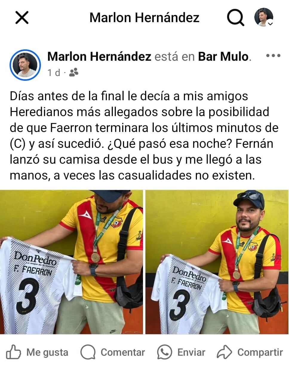 Marlon Hernández recibió de forma fortuita la camisa de Fernán Faerron