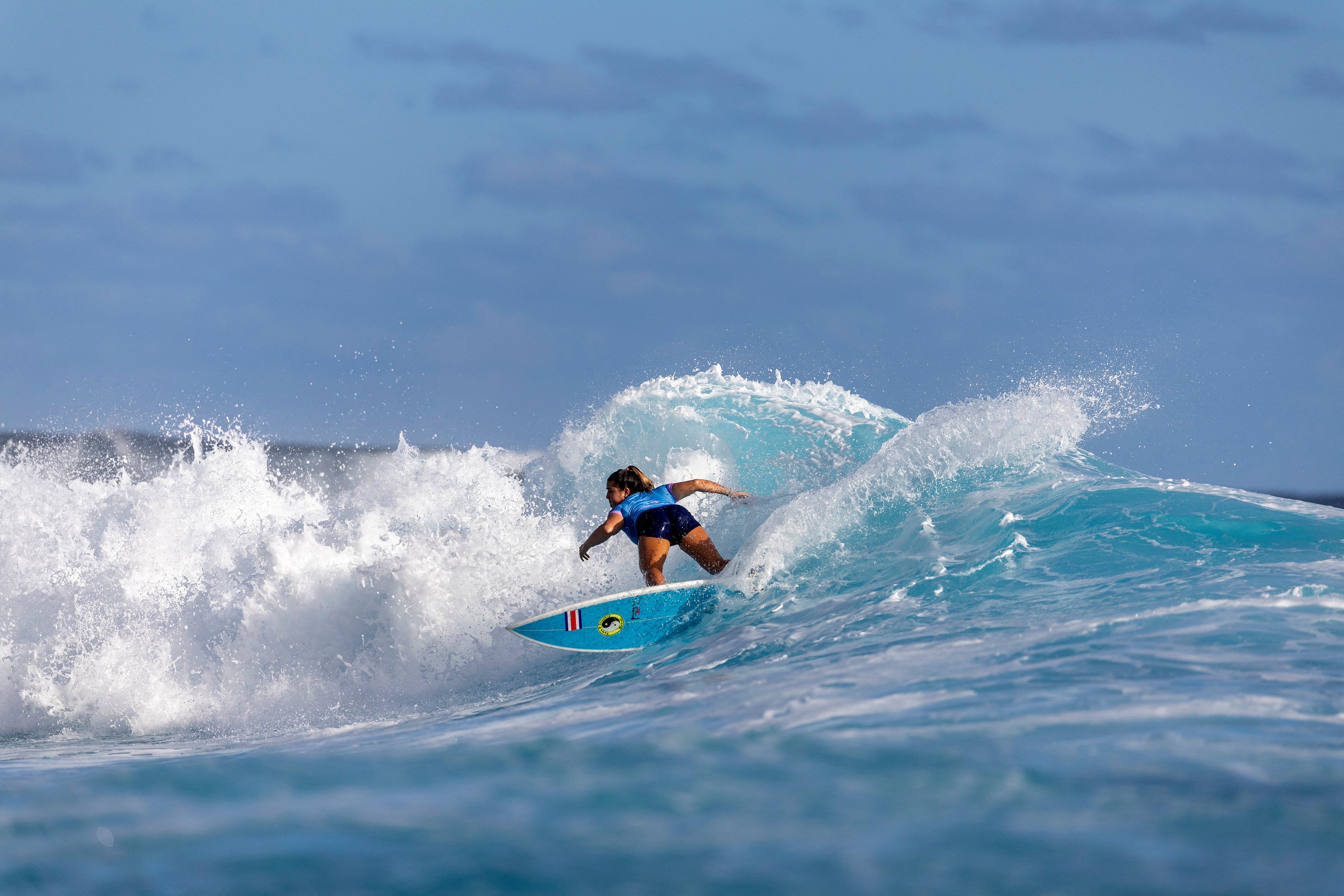 Costa Rica's Brisa Hennessy reacts at the end of her heat in the women's surfing quarter-finals, during the Paris 2024 Olympic Games, in Teahupo'o, on the French Polynesian Island of Tahiti, on July 30, 2024. (Photo by Jerome BROUILLET / AFP)