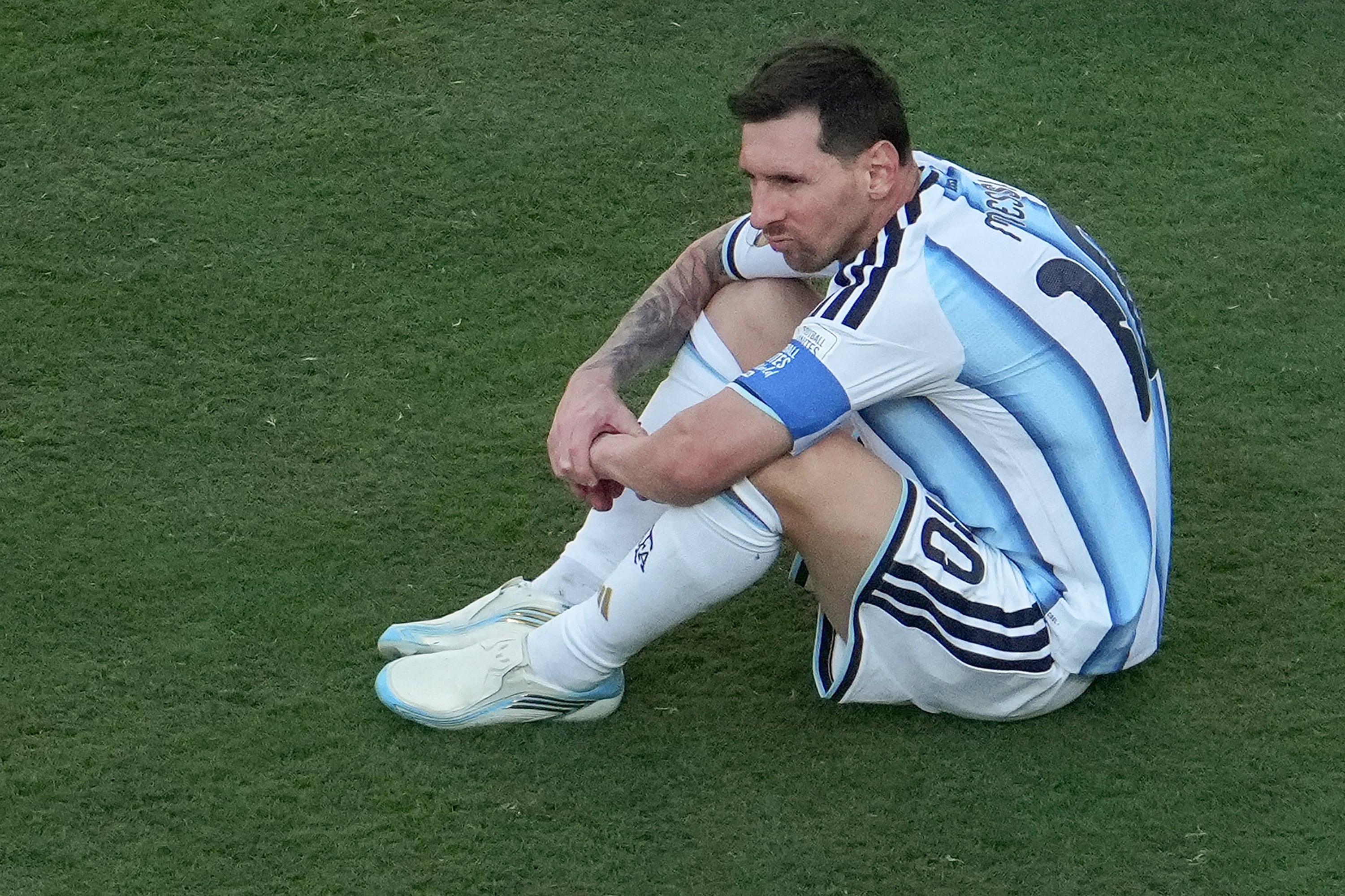 Argentina's forward #10 Lionel Messi reacts after the 2026 World Cup football tournament final match between Spain and Argentina at the New York/New Jersey Stadium in East Rutherford on July 19, 2026. Spain beat 10-man Argentina 1-0 after extra-time to win their second World Cup. (Photo by TIMOTHY A. CLARY / AFP)