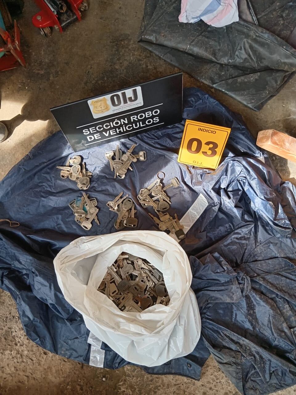 Una gran cantidad de machotes de llaves para carros y herramientas comprometen a dos sujetos de 49 años y 43 años como sospechosos de tener en su poder carros robados. Foto: OIJ