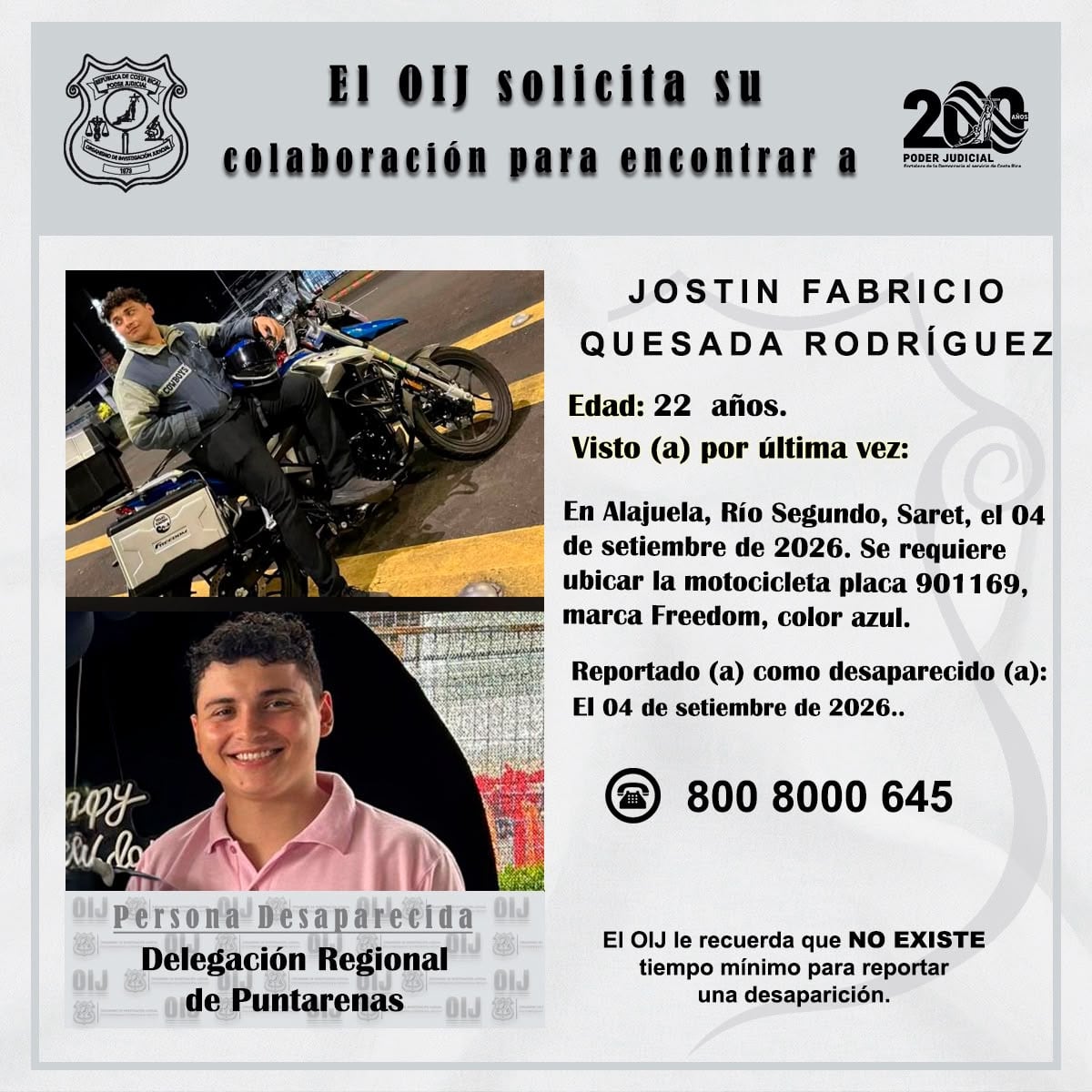 Jostin Fabricio Quesada Rodríguez, de 22 años, fue visto por última vez el pasado viernes.