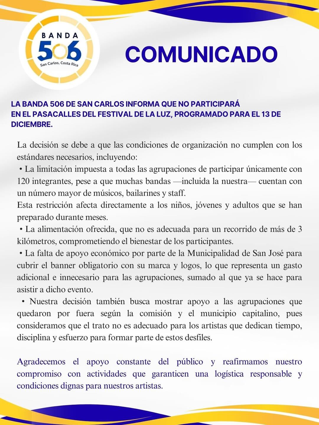 Banda de San Carlos renuncia al Festival de la Luz