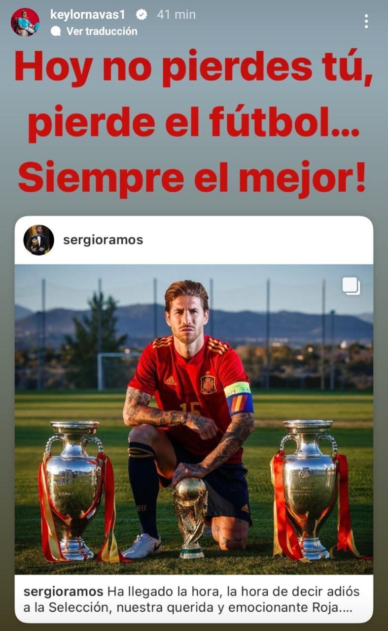 El portero del PSG, Keylor Navas se prounció sobre el retiro del defensor Sergio Ramos. Instagram.