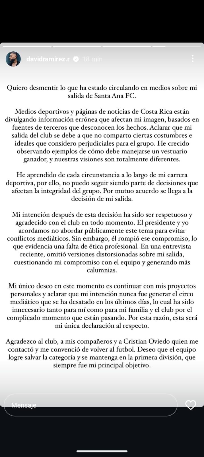 David Ramírez dio su versión sobre su salida de Santa Ana FC