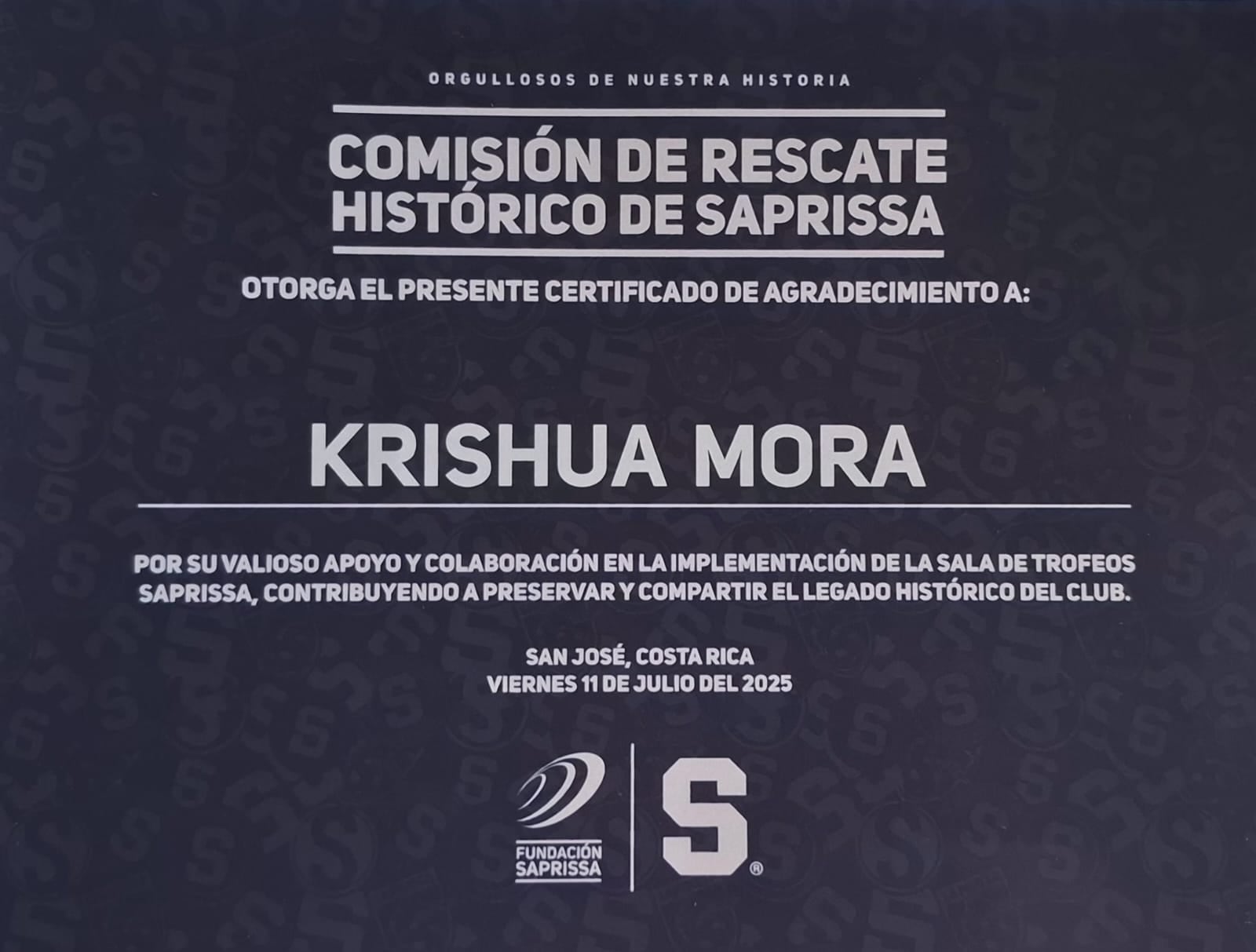 El certificado que recibió Krishua Mora por parte del Saprissa