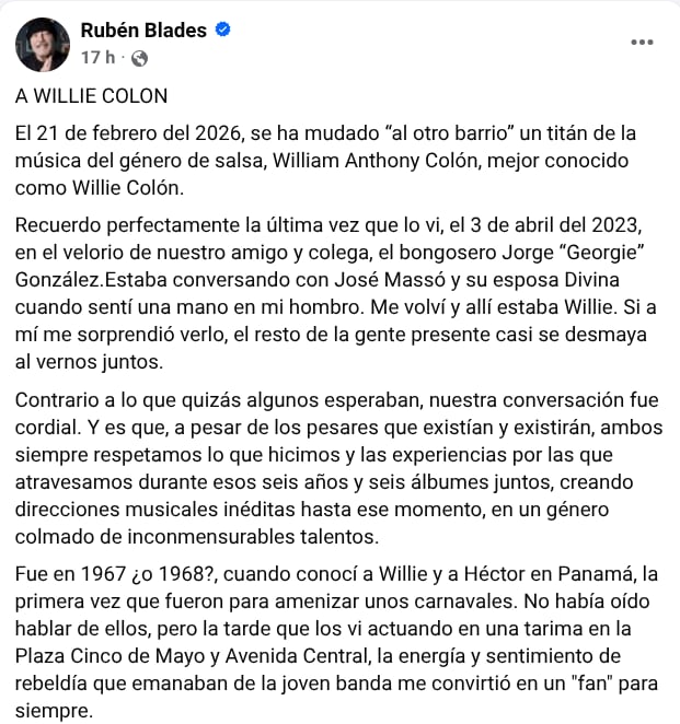 Rubén Blades publica emotiva carta a su amigo Willie Colón: "“Nunca permitiré que el odio forme parte de nuestra pasada relación”