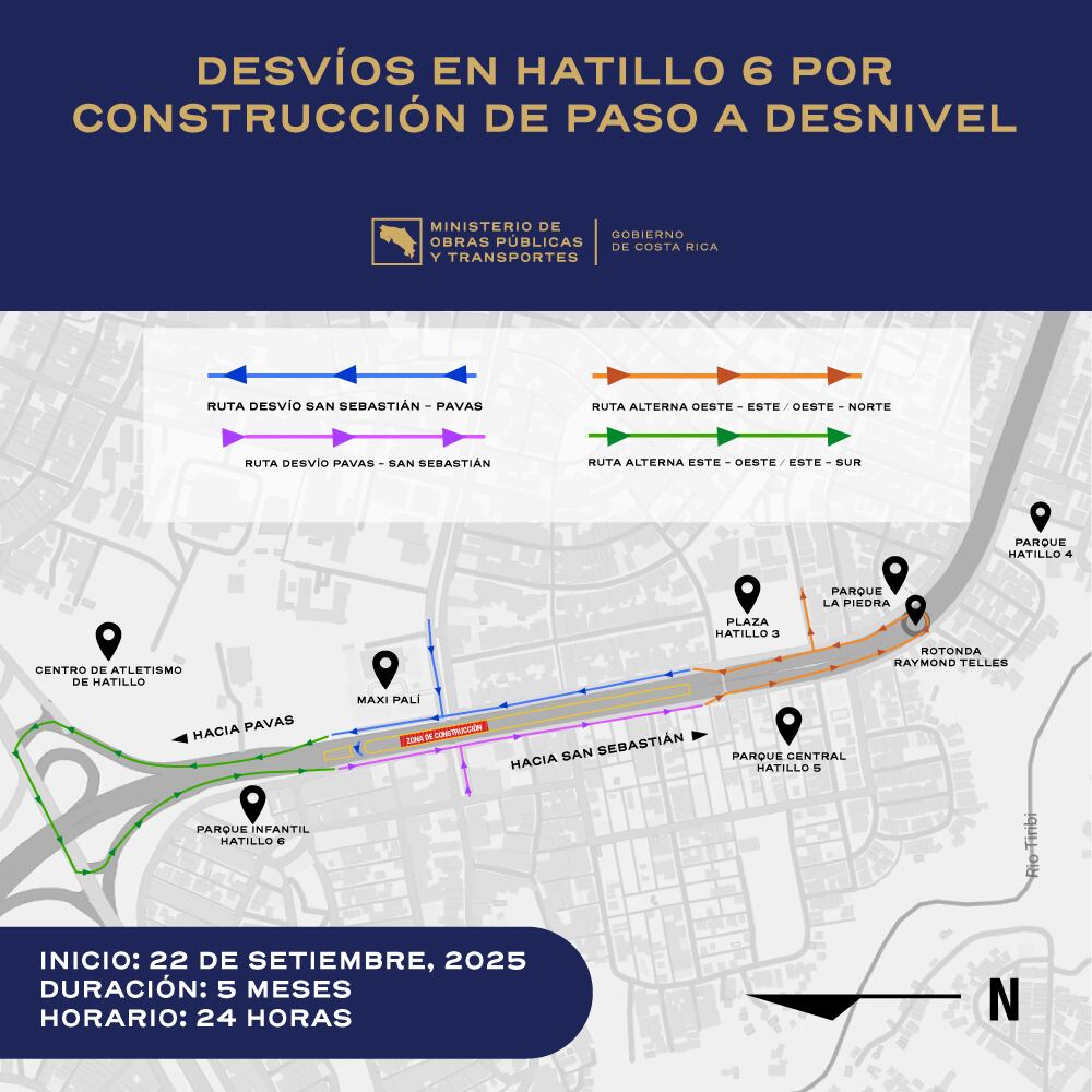 MOPT compartió este croquis con las rutas alternas que pueden utilizar los conductores mientras se realizan las obras viales en Hatillo 6.