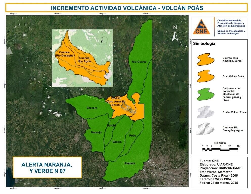 Alerta naranja para el Parque Nacional Volcán Poás y el distrito Toro Amarillo del cantón de Sarchí (incluidas las cuencas de los ríos Desagüe y Agrio).
Además mantiene en alerta verde los cantones de: Poás, Grecia, Sarchí (salvo Toro Amarillo), Naranjo, Río Cuarto y Zarcero. Foto: CNE