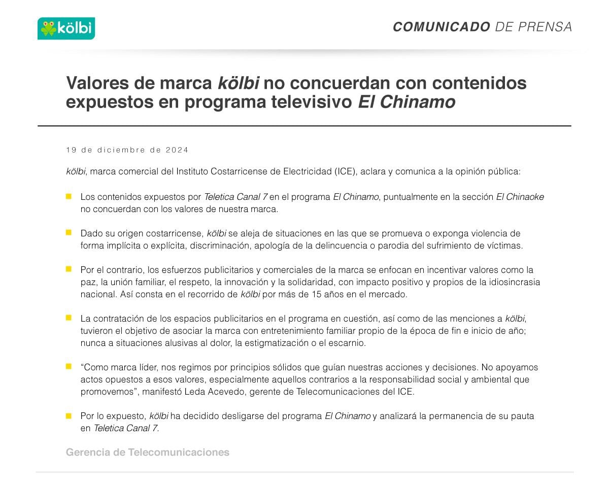 Kölbi deja de patrocinar El Chinamo a pocos días del final de temporada del programa de Teletica
