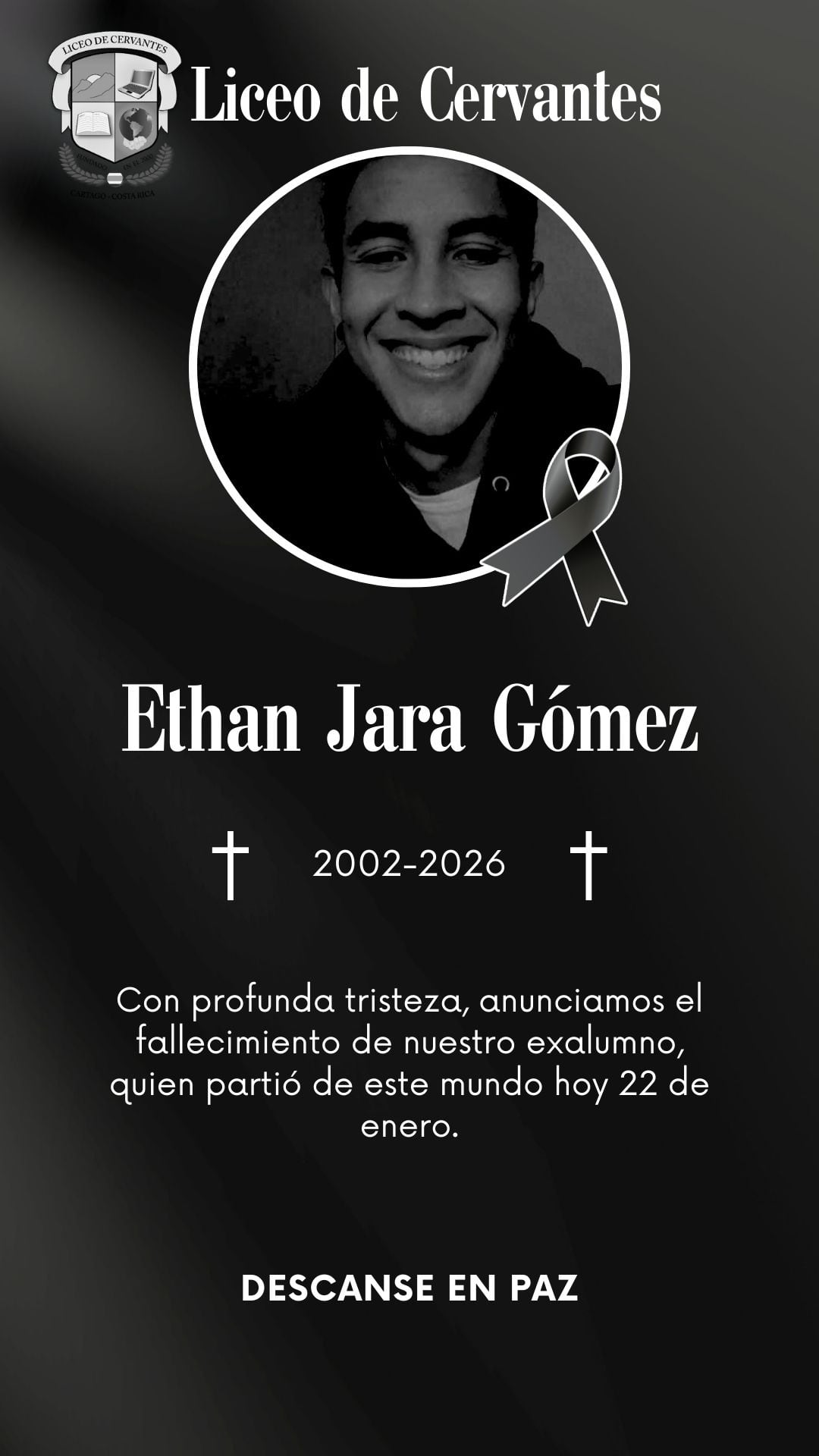 Ethan Jara Gómez, de 23 años, y Hillary Araya Aguilar eran primos segundos y son las víctimas del choque de una motocicleta contra un camión que estaba estacionado. Foto: Liceo Cervantes