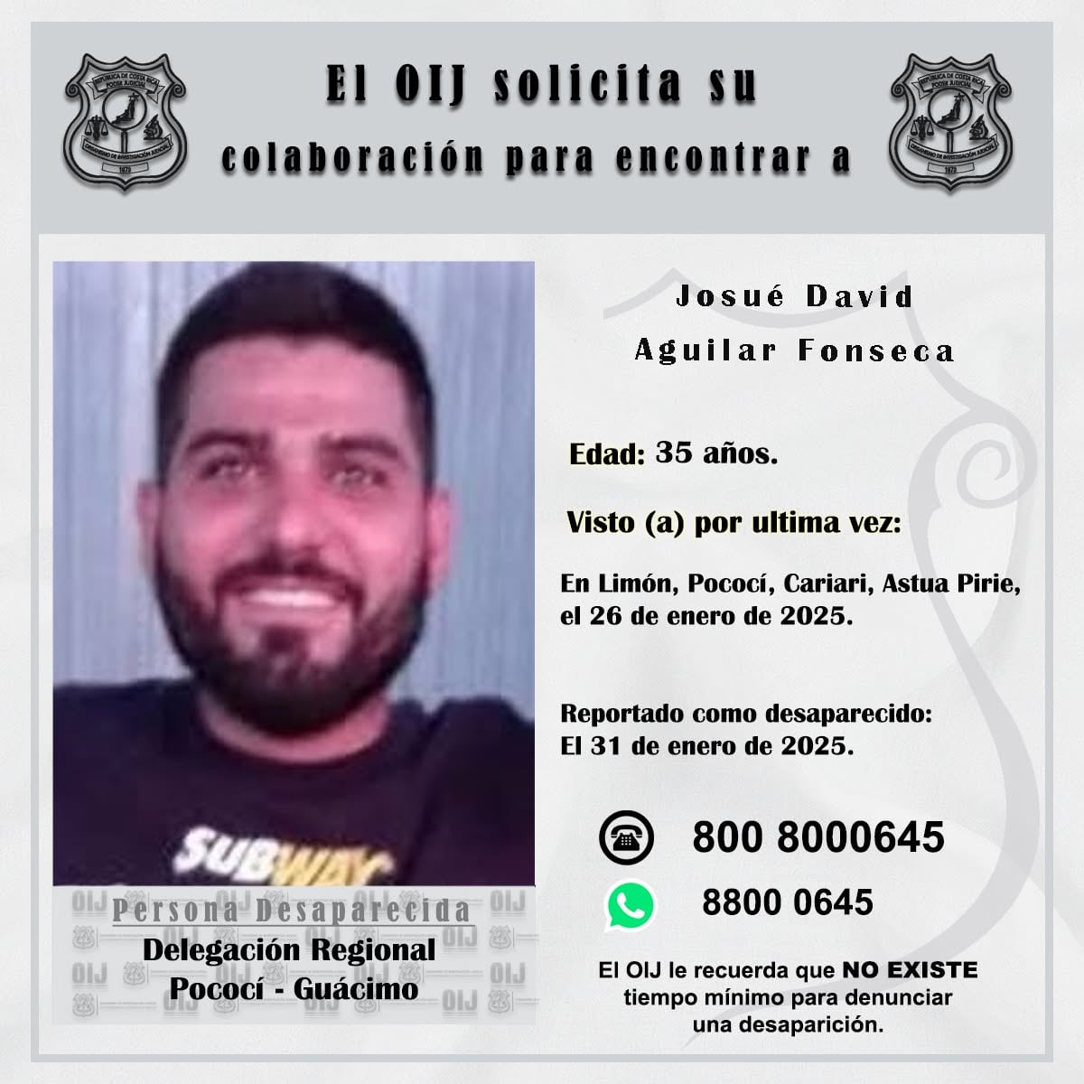 Josué David Aguilar Fonseca, desapareció al caer en manos del cártel de Pecho de Rata. Foto: OIJ