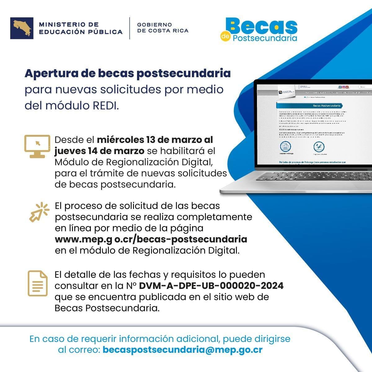 El Ministerio de Educación Pública (MEP) abrirá el proceso de recepción de solicitudes para lo que se llaman “Becas de Postsecundaria”.