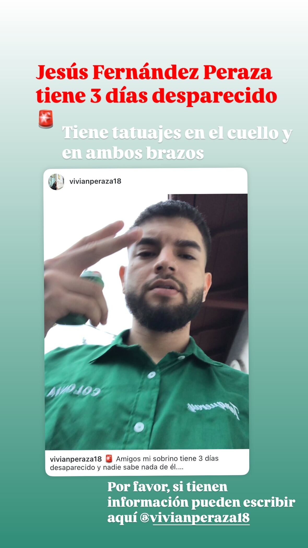 Vivian Peraza hizo público el viernes que su sobrino está desaparecido.