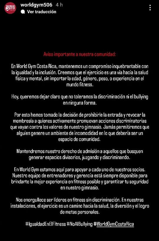 Este es el mensaje que publicó el gimnasio World Gym en pro de la inclusión.