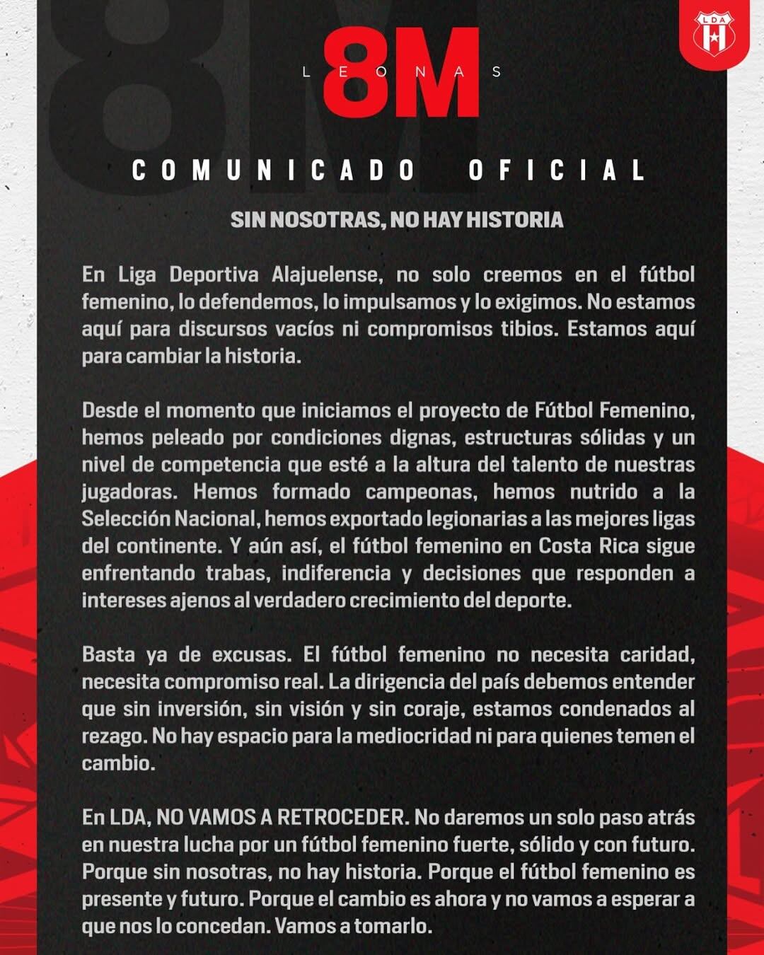 Este fue el comunicado de Alajuelense en el Día de la Mujer.