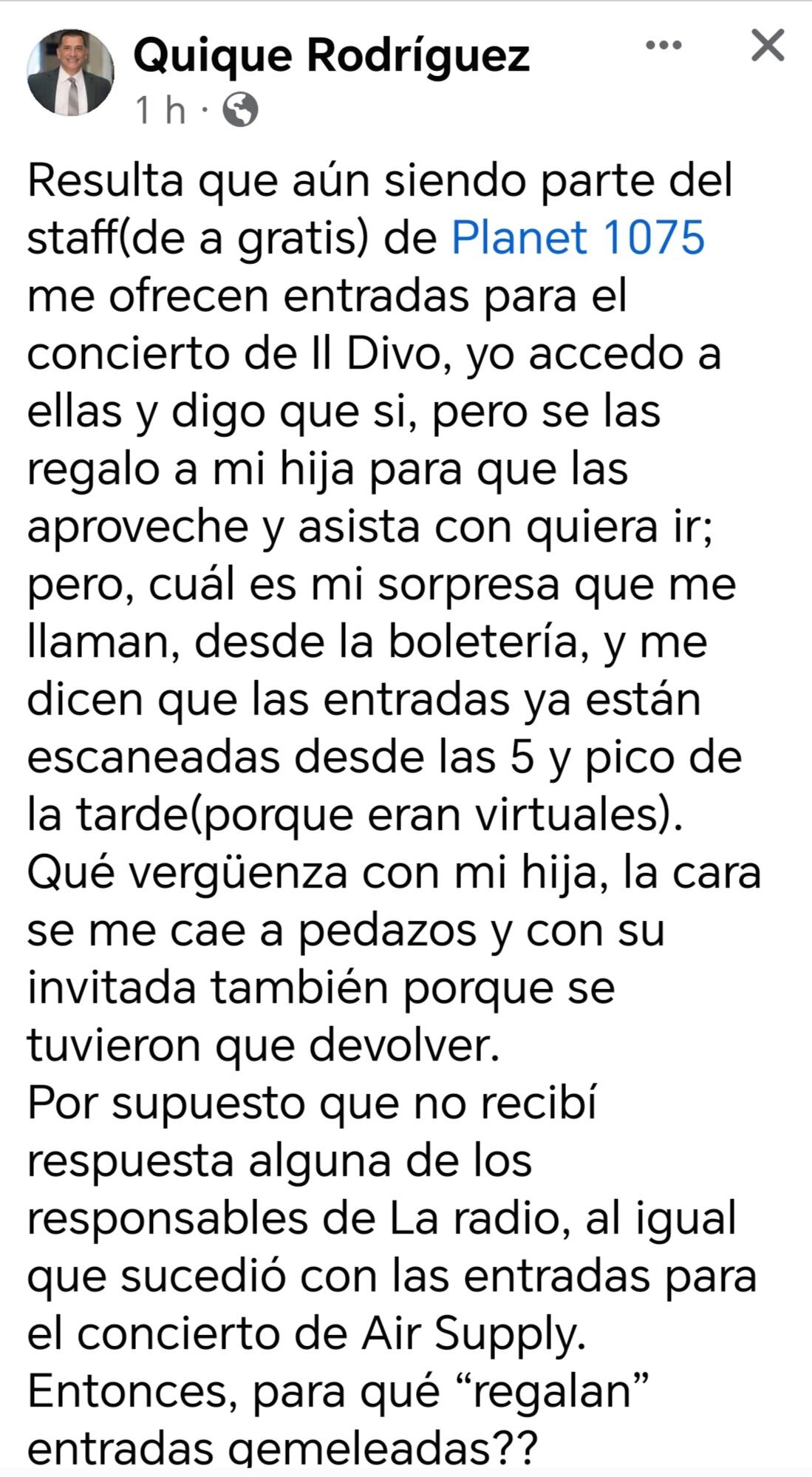 El presentador Enirque "Quique" Rodríguez se quejó de una injusticia que le hicieron en la radio que trabaja.