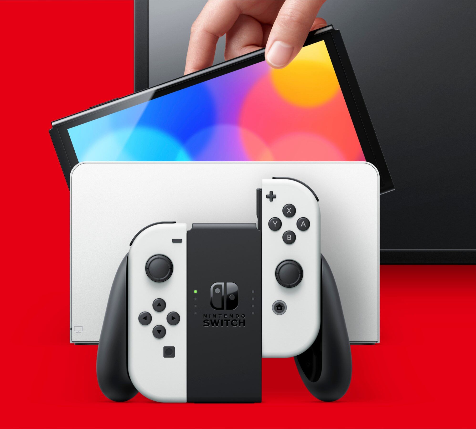 La Nintendo Switch OLED viene con una pantalla de 7 pulgadas (17.78 cm), audio mejorado, 64 GB de memoria interna, un soporte ajustable y la base con puerto LAN. Foto: Nintendo.