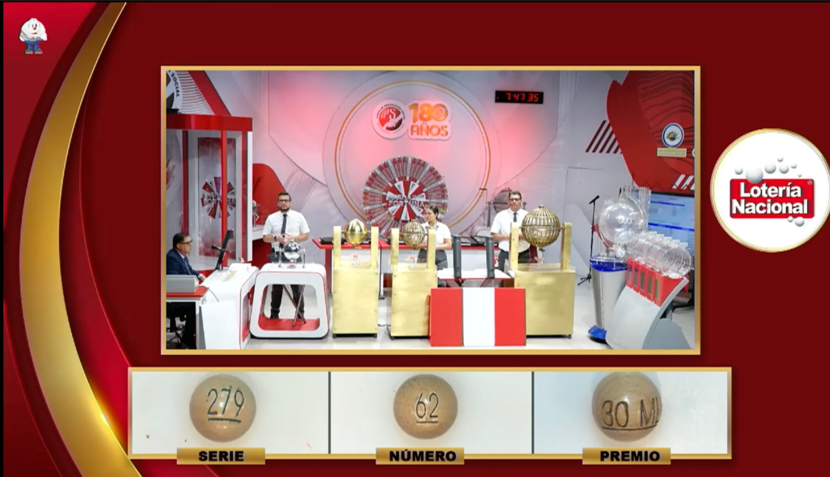 A las 7:47 p.m. se conoció el segundo premio del sorteo de lotería nacional. El ganador fue el número 62 con la serie 279, con un pago de ¢30 millones por entero.