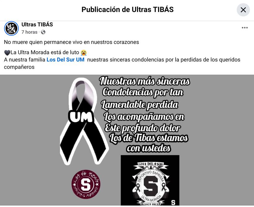 Matan a dos integrantes de la Ultra luego de partido de Saprissa-San Carlos de este martes 10 de diciembre del 2024. Foto: Tomada de redes sociales