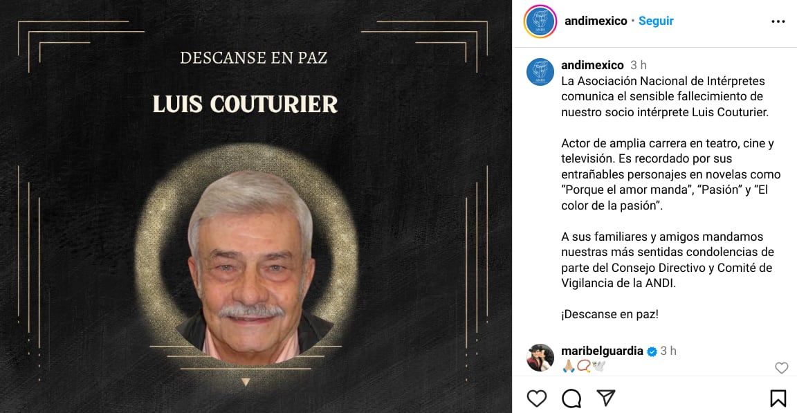 La Asociación Nacional de Intérpretes comunicó este viernes la muerte de Luis Couturier, a los 84 años; uno de los actores más legendarios del país azteca.