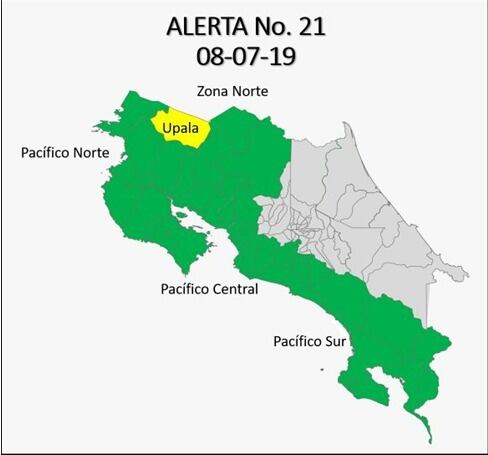 Upala, uno de los cantones más afectados por el huracán Otto en el 2016, está en alerta amarilla por las inundaciones que sufrió esta madrugada. Imagen: CNE.