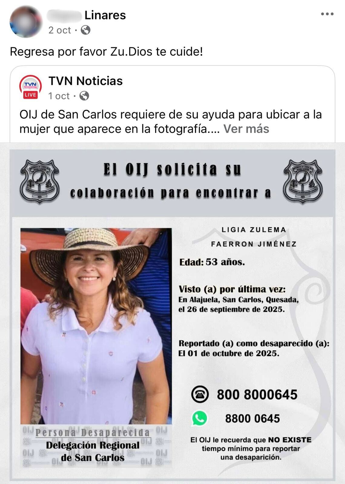 Una de las sospechosas por la desaparición de Ligia Zulema Faerron Jiménez, de 53 años, realizó al menos seis publicaciones en Facebook sobre la desaparición de su conocida. Foto: Captura de Facebook