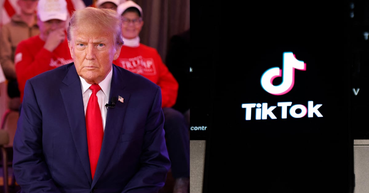 Donald Trump, presidente de EE.UU., en un evento rodeado de seguidores, junto a una imagen del logo de TikTok en la pantalla de un celular. Apple y Google han permitido nuevamente la descarga de la aplicación en EE.UU. tras la intervención del gobierno.
